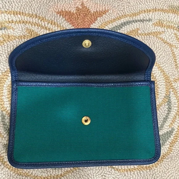 Longchamp green yellow coated canvas wallet with blue leather trim. - Picture 2 of 5